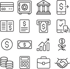Clean Banking and Money Management Line Icons for Finance Use