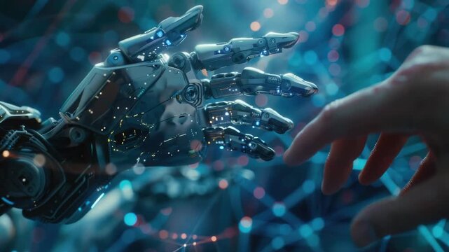 Video Close-up of a robot's mechanical fingers gently grasping a human hand, highlighting the intersection of technology and humanity