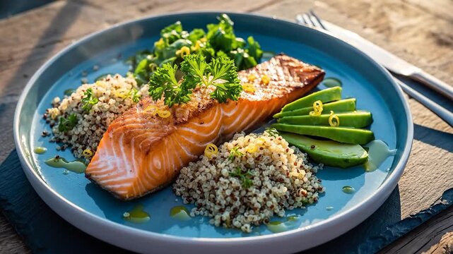 Close-up Plated Grilled Salmon with Quinoa Avocado and Greens on Blue Plate