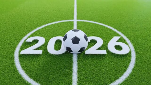 2026 Soccer Ball on Center Field Line Green Grass Football Background 4K