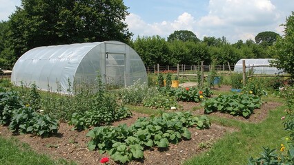 Vegetable garden with greenhouses, plants, and flowers in lush greenery environment. Gardening and cultivation scene. The concept of sustainable farming and horticulture.