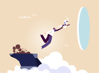 Concept of artificial intelligence as assistant, support, and guidance for success and opportunity, achieving goals, AI robot helping a businesswoman cross a cliff to the gate of success