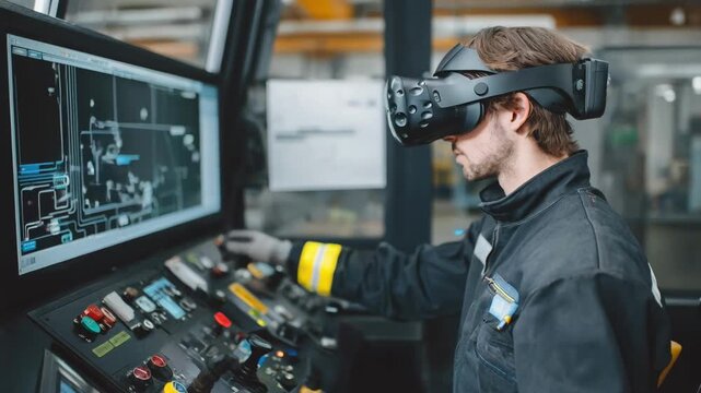 Worker practicing technical skills through interactive VR training module improving precision and confidence in complex machinery operation.
