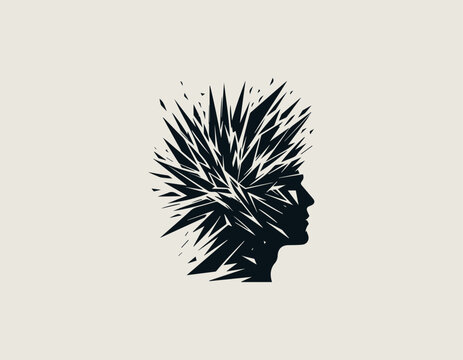 Dynamic black side profile silhouette with sharp chaotic geometric shards exploding from the complex mind. Mental explosion concept