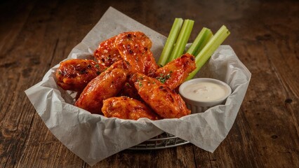 Basket of buffalo chicken wings with celery sticks and ranch dipping sauce on a wooden table.