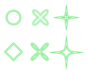 Collection of abstract geometric shapes with neon green outlines on a transparent background, Six distinct abstract geometric symbols, including a circle, diamond, and starbursts in neon green