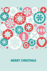Colourful Christmas greeting card in modern style. Decorated ball and snowflakes. Vector illustration