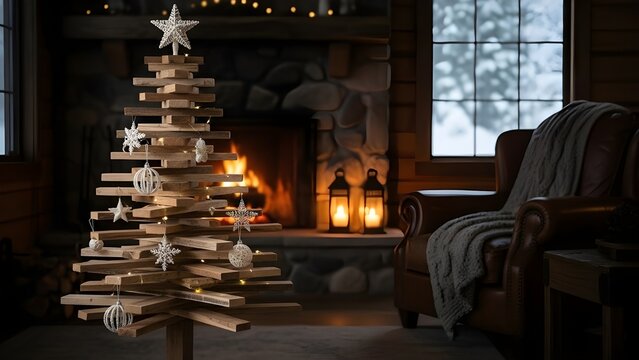 A minimalist wooden Christmas tree decorated with warm lights stands beside a stone fireplace in a rustic cabin living room, creating a cozy winter holiday mood - Powered by Adobe