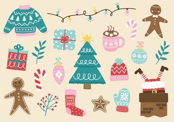 Colourful Christmas element set. Festive tree, ball, present, sock, cookie, cup, hat, sweater, gloves. Vector illustration