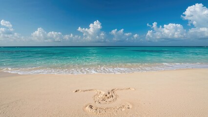 A serene beach scene with clear turquoise water, blue sky, and puffy clouds, titled 1862.