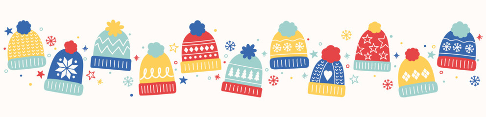Christmas banner in cartoon style. Background decorated with winter hats. Vector illustration