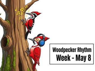 Two woodpeckers wearing headphones on a tree with a sign that says woodpecker rhythm week