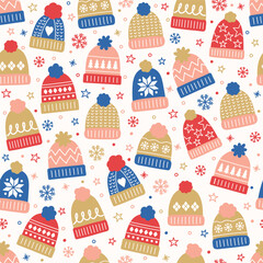 Cute hand drawn winter hat background. Design of a Christmas seamless pattern. Vector illustration