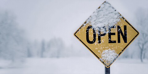 Un segnale stradale giallo con la scritta "OPEN" ricoperto di neve in un paesaggio completamente imbiancato durante una forte nevicata invernale