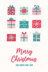 Christmas greeting card with hand drawn presents. Vector illustration