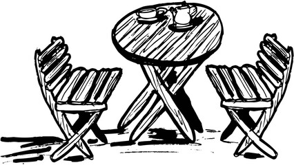Line Art Outline Wooden Outdoor Table and Two Chairs