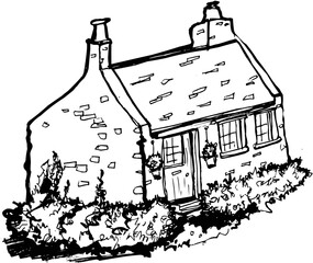 Hand-Drawn Sketch Rural Stone House Cottage Outline