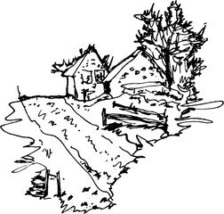 Hand-Drawn Sketch Field Landscape with Rural Cottage House
