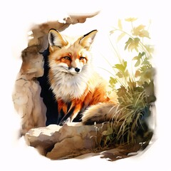 Obraz premium Watercolor painting of a red fox relaxing near its den during the daytime