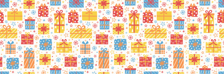 Seamless pattern with cute cartoon gift boxes. Christmas background design. Banner. Vector illustration