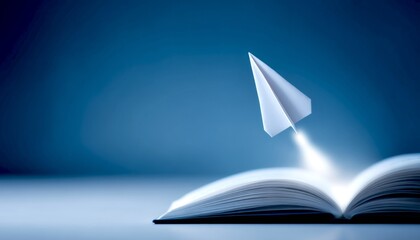 A paper airplane is launched from an open book, symbolizing creativity and imagination. The image features a modern style and a dreamy background. Perfect for educational or inspirational themes. AI