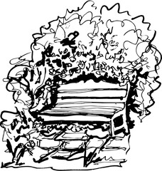 Hand-Drawn Sketch Wooden Bench with Bushes Surrounding