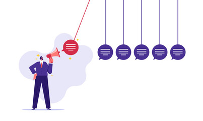 Effect of speech or communication concept, gossip and fake news, businessman in front of newton's cradle with a chat bubble