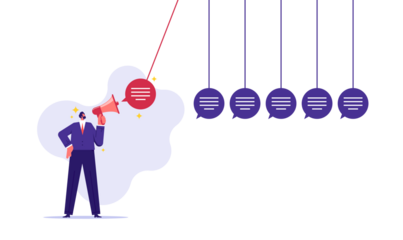 Effect of speech or communication concept, gossip and fake news, businessman in front of newton's cradle with a chat bubble