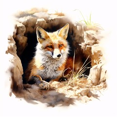 Obraz premium Fox rests peacefully in its den, a watercolor illustration