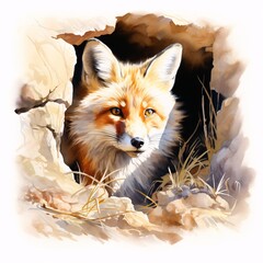 Obraz premium Watercolor illustration of a fox peering out of its den with keen eyes
