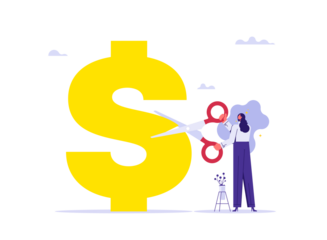 Cost reduction management concept, businesswoman with scissors cutting dollar sign, big discount