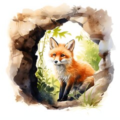 Obraz premium Fox sitting in a den made of stone watercolor illustration