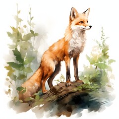 Naklejka premium Fox sitting on a log in a forest watercolor illustration with greenery all around