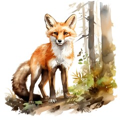 Naklejka premium Fox in a forest depicted in watercolor style stands alert on a fallen log