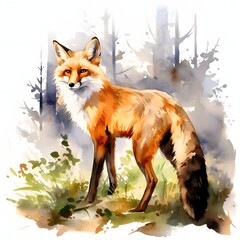 Naklejka premium Watercolor painting of a fox standing in a misty forest landscape