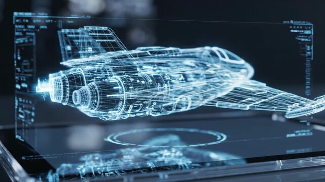 Advanced AI Technology Displaying Futuristic Holographic 3D Wireframe Blueprint of an Autonomous Jet Fighter Aircraft 4K Seamless Loop