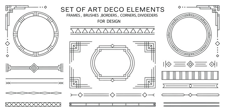 Set of Art Deco style geometric design elements, including round and rectangular frames, corners, dividers, and pattern brushes with corner accents in black on white, perfect for invitations, posters,