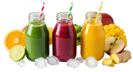 Three glass bottles of colorful fruit juice with straws and fresh fruits isolated on transparent background