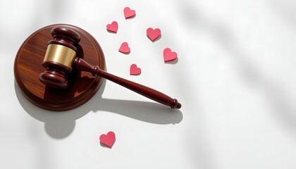 Symbol of Affection: A symbolic representation of love and legalities, featuring a wooden gavel resting on its sound block, surrounded by scattered heart shapes. Embodying themes of affection.