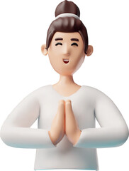 3D icon of a woman in a white sweater, eyes closed, hands folded in prayer.