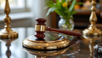 Gavel of Justice: A close-up view of a wooden gavel resting on its sound block, conveying the weight of authority and the principles of the legal system, with touches of sophistication and decor.
