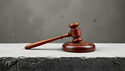 Gavel of Justice: A polished wooden gavel rests with its base on a textured surface, symbolizing authority, justice, and the legal process.