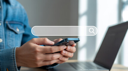 High-resolution digital illustration of hands holding black smartphone with floating white search bar, modern tech workspace, natural light, minimalist UI, professional cool-toned composition.