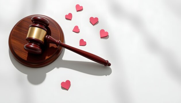 Symbol of Affection: A symbolic representation of love and legalities, featuring a wooden gavel resting on its sound block, surrounded by scattered heart shapes. Embodying themes of affection.