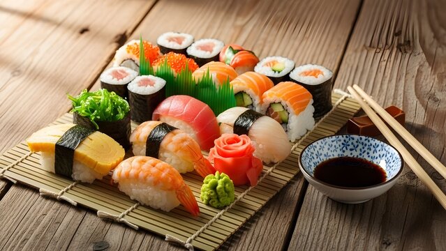  premium sushi platter with salmon nigiri, tuna sashimi, maki rolls, fresh wasab