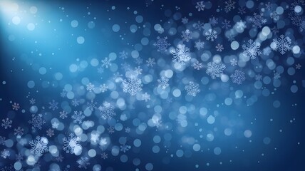 Abstract winter background with glowing snowflakes and shimmering bokeh lights on a deep blue gradient canvas, perfect for festive seasonal designs and holiday celebrations