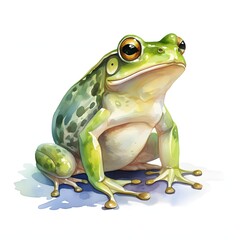 Obraz premium Watercolor painting of a green frog sitting down and looking forward