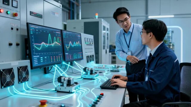 Medium shot of technicians coordinating automated systems managing fluctuating power loads showcasing the seamless integration of dynamic protocols in distributed energy networks