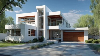 Contemporary white two-story residential house with large glass windows and a stylish wooden garage, representing modern architectural design and luxurious living