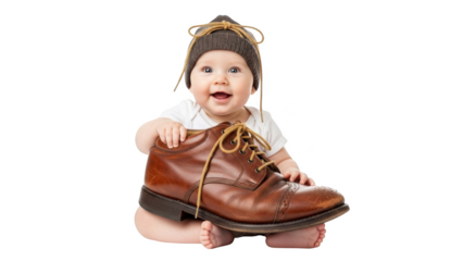 Happy baby wearing a beanie and holding a large brown leather shoe infant child
